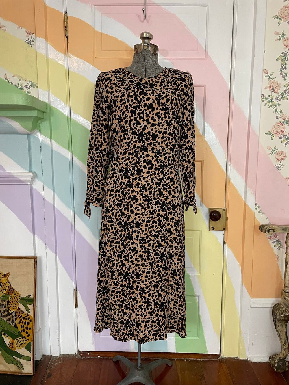 Reformation Leopard Print Long Sleeve Fit Flare Midi Dress Women's 8